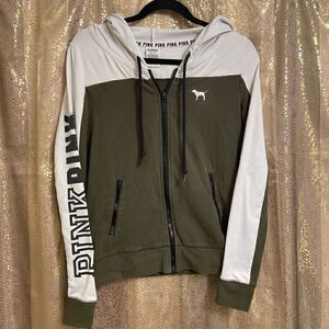 PINK Victorias Secret Olive Green White Zip Hoodie Sweatshirt, XS‎
